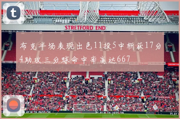 布克半场表现出色11投5中斩获17分4助攻三分球命中率高达667